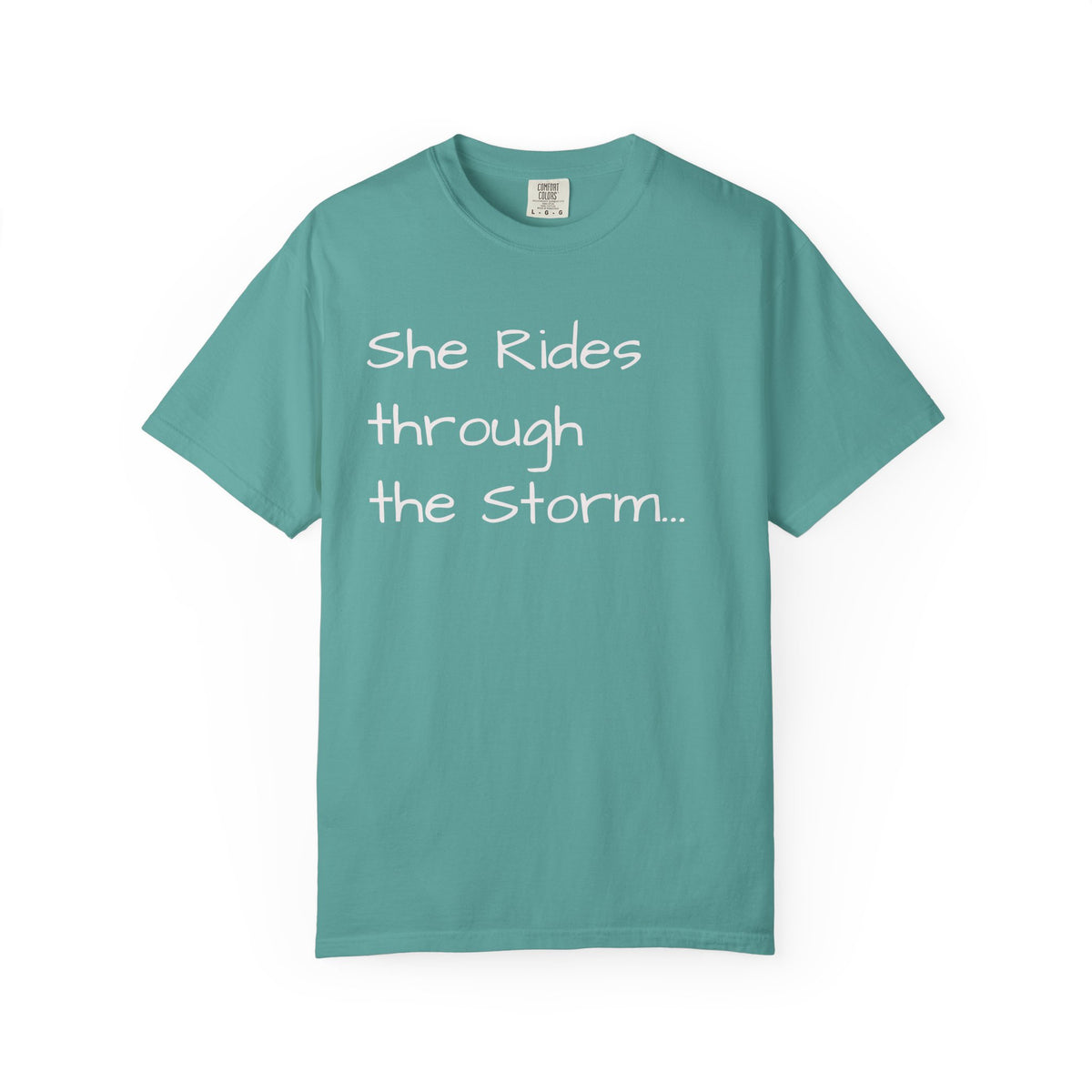 She Rides Through the Storm - walk, trot, canter.. T-Shirt — Psalm 46:5 Horse Tee