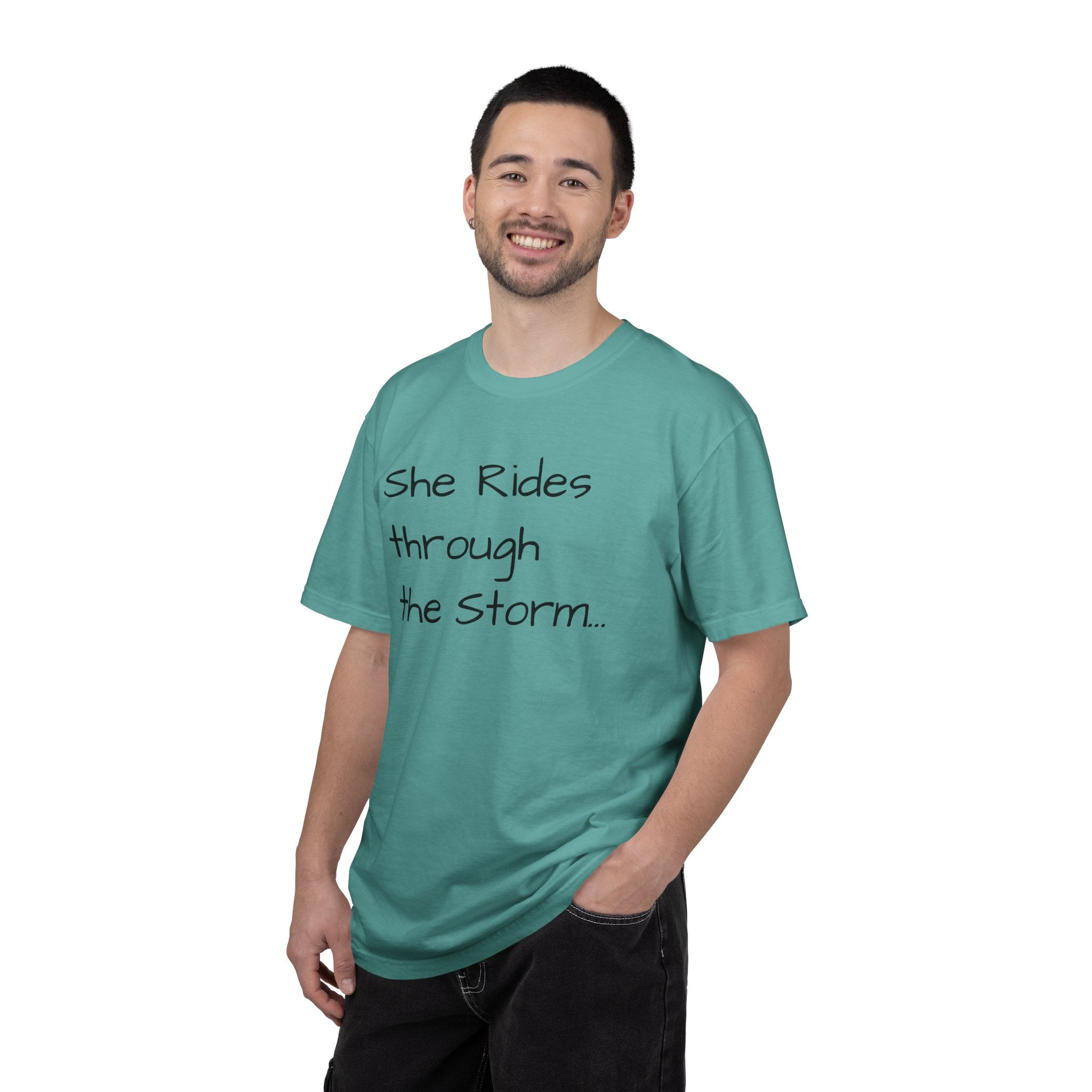 She Rides Through the Storm - walk, trot, canter.. T-Shirt — Psalm 46:5 Horse Tee