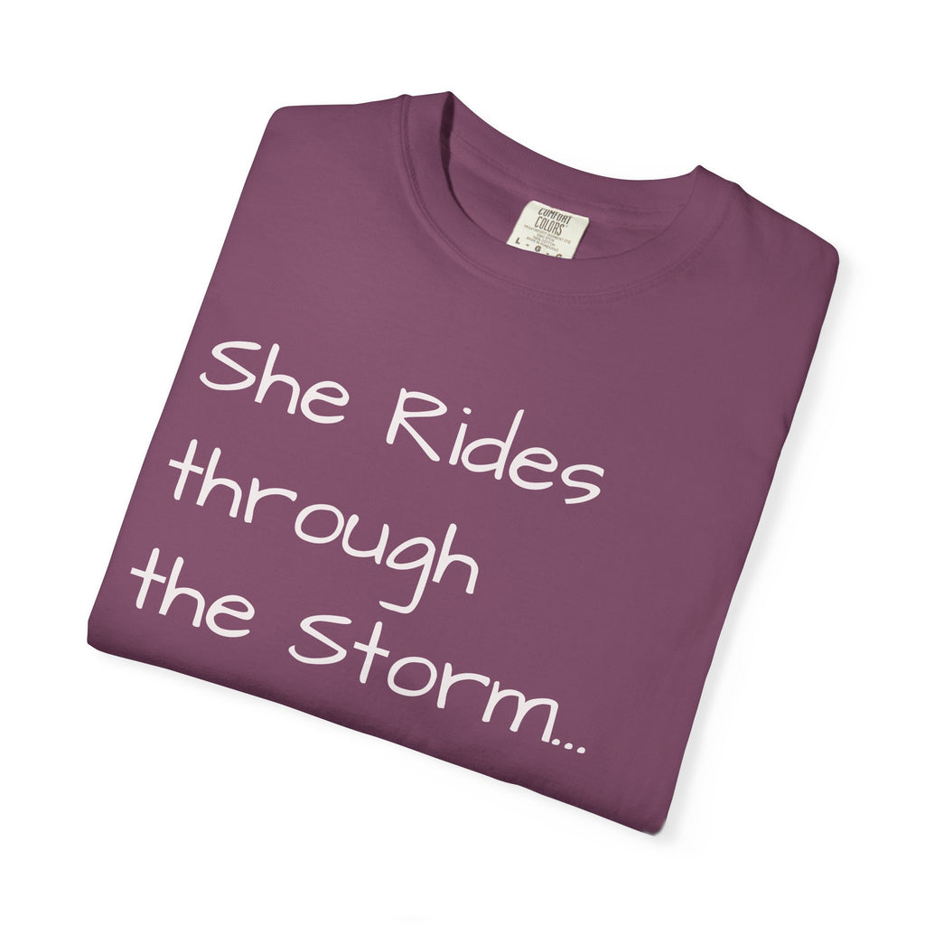 She Rides Through the Storm - walk, trot, canter.. T-Shirt — Psalm 46:5 Horse Tee