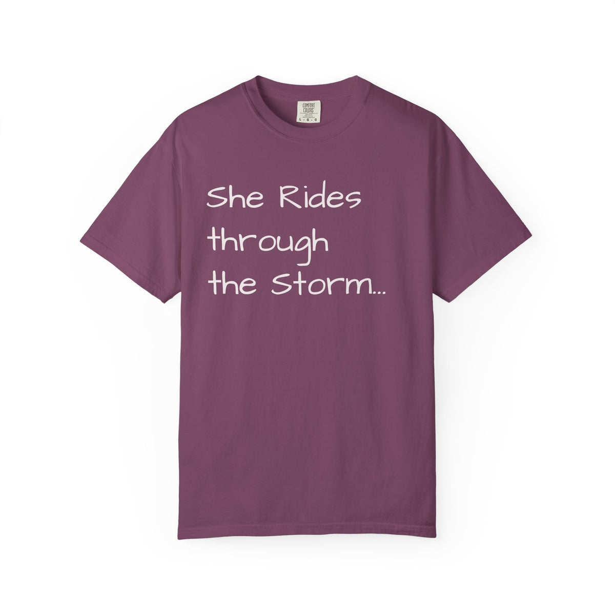 She Rides Through the Storm - walk, trot, canter.. T-Shirt — Psalm 46:5 Horse Tee