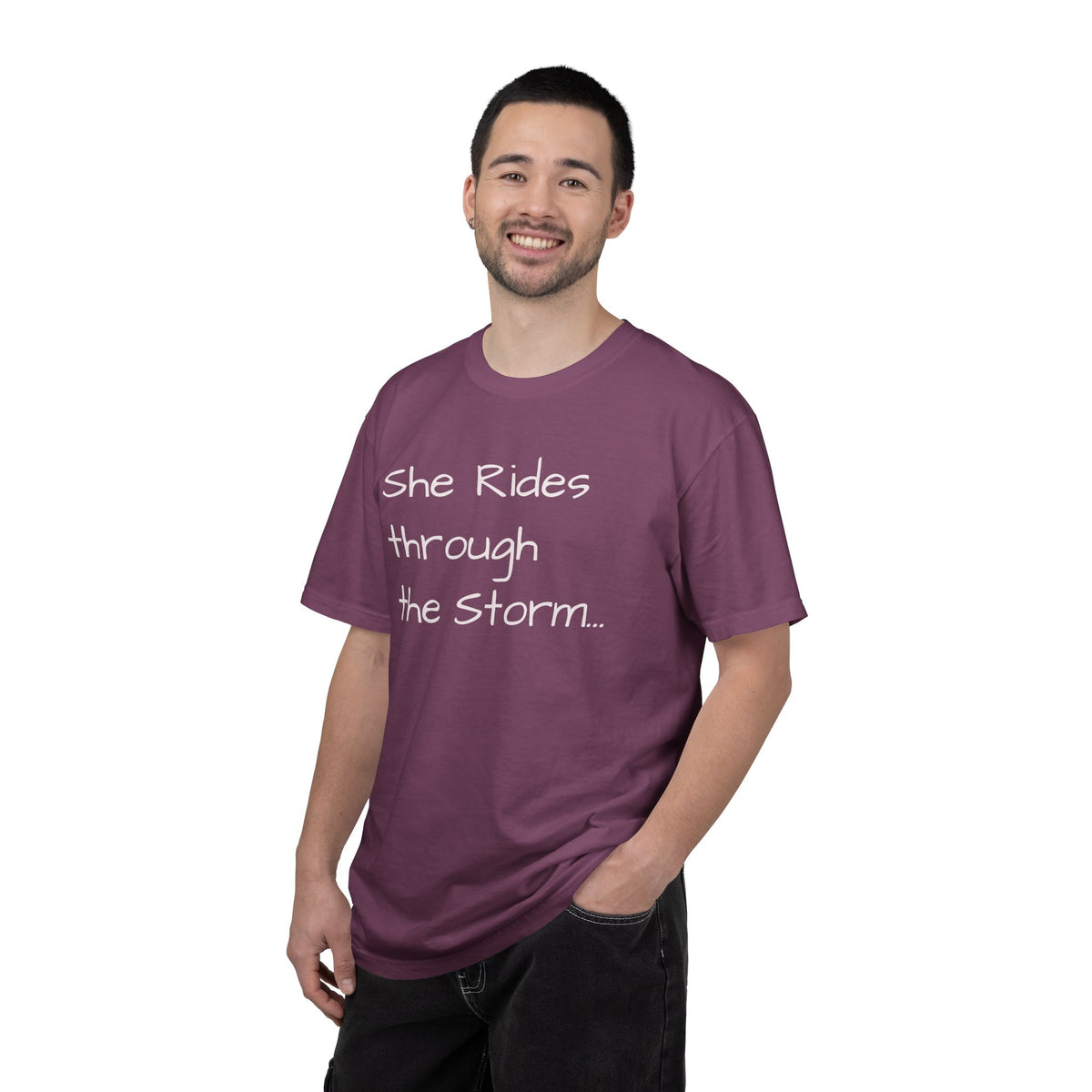 She Rides Through the Storm - walk, trot, canter.. T-Shirt — Psalm 46:5 Horse Tee