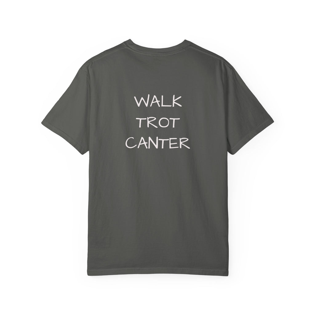 She Rides Through the Storm - walk, trot, canter.. T-Shirt — Psalm 46:5 Horse Tee