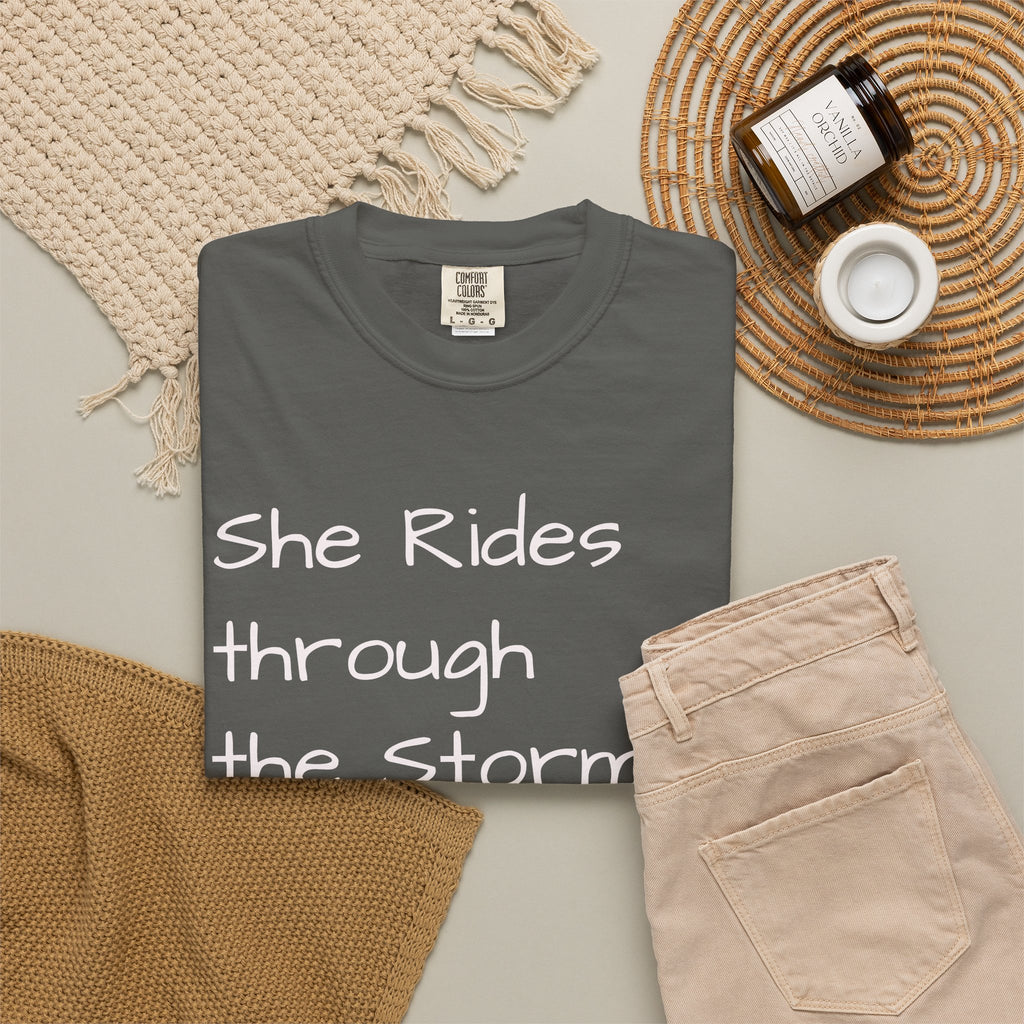 She Rides Through the Storm - walk, trot, canter.. T-Shirt — Psalm 46:5 Horse Tee