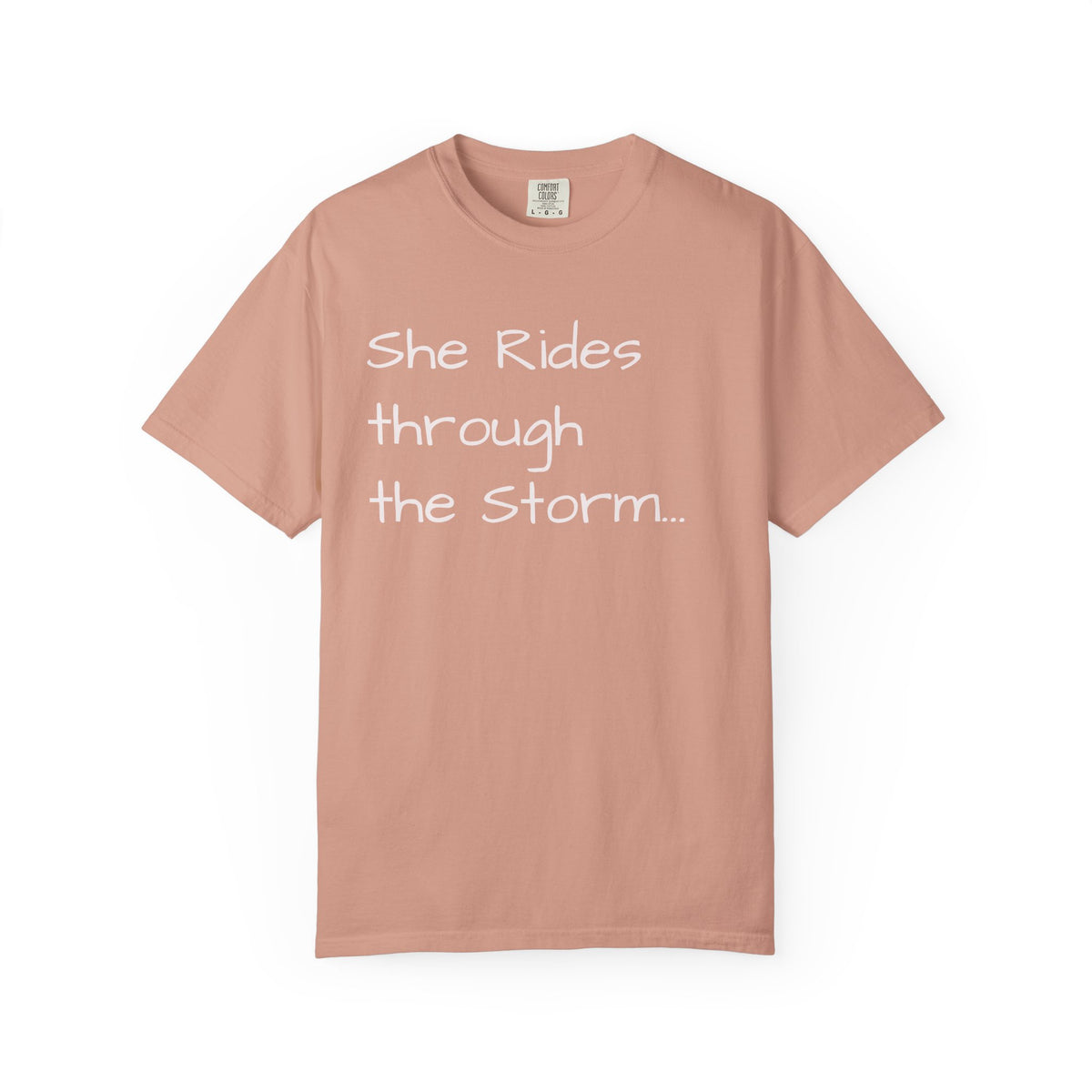She Rides Through the Storm - walk, trot, canter.. T-Shirt — Psalm 46:5 Horse Tee