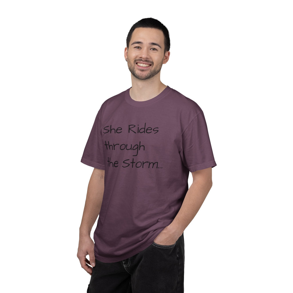 She Rides Through the Storm - walk, trot, canter.. T-Shirt — Psalm 46:5 Horse Tee