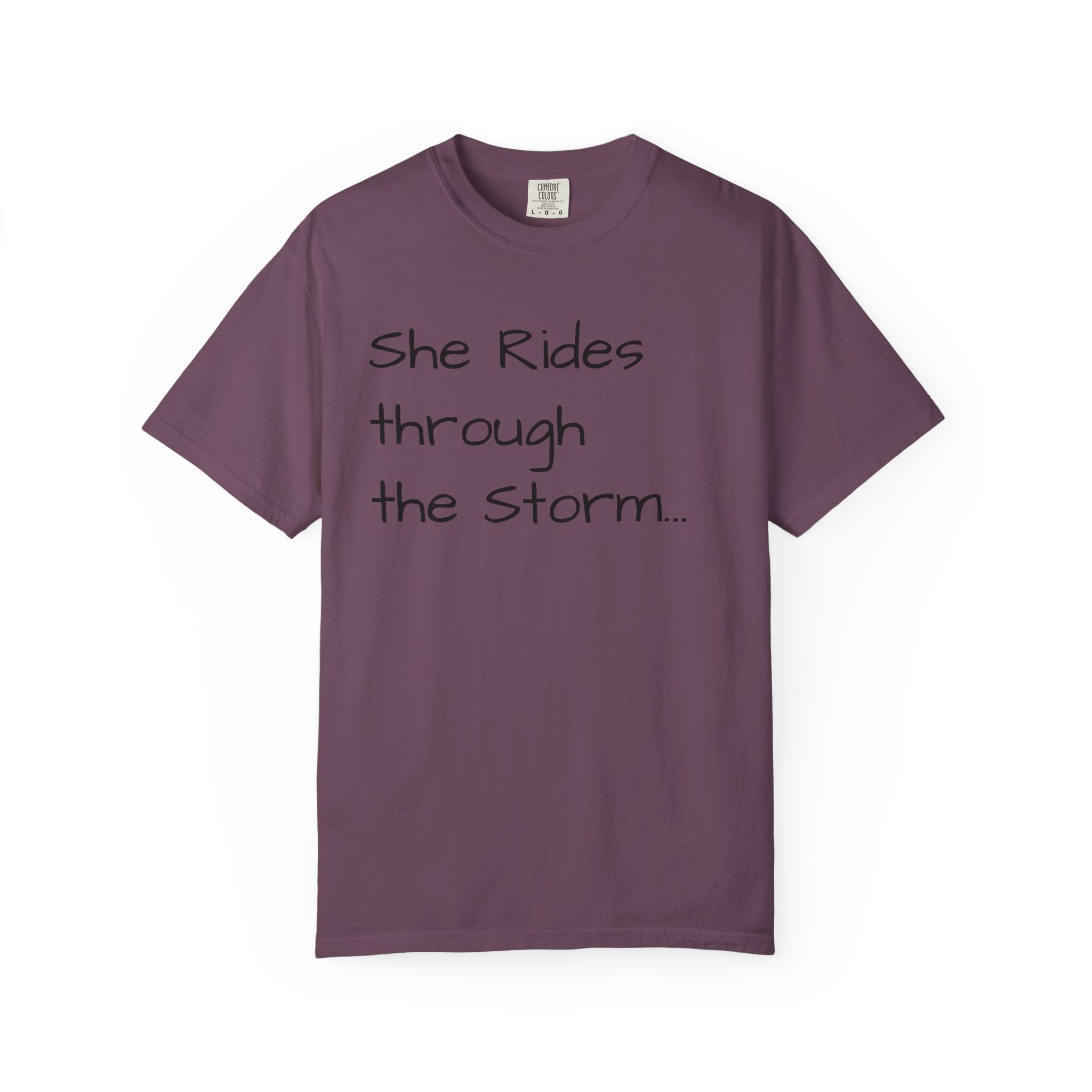 She Rides Through the Storm - walk, trot, canter.. T-Shirt — Psalm 46:5 Horse Tee
