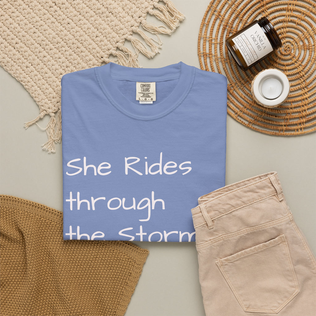 She Rides Through the Storm - walk, trot, canter.. T-Shirt — Psalm 46:5 Horse Tee