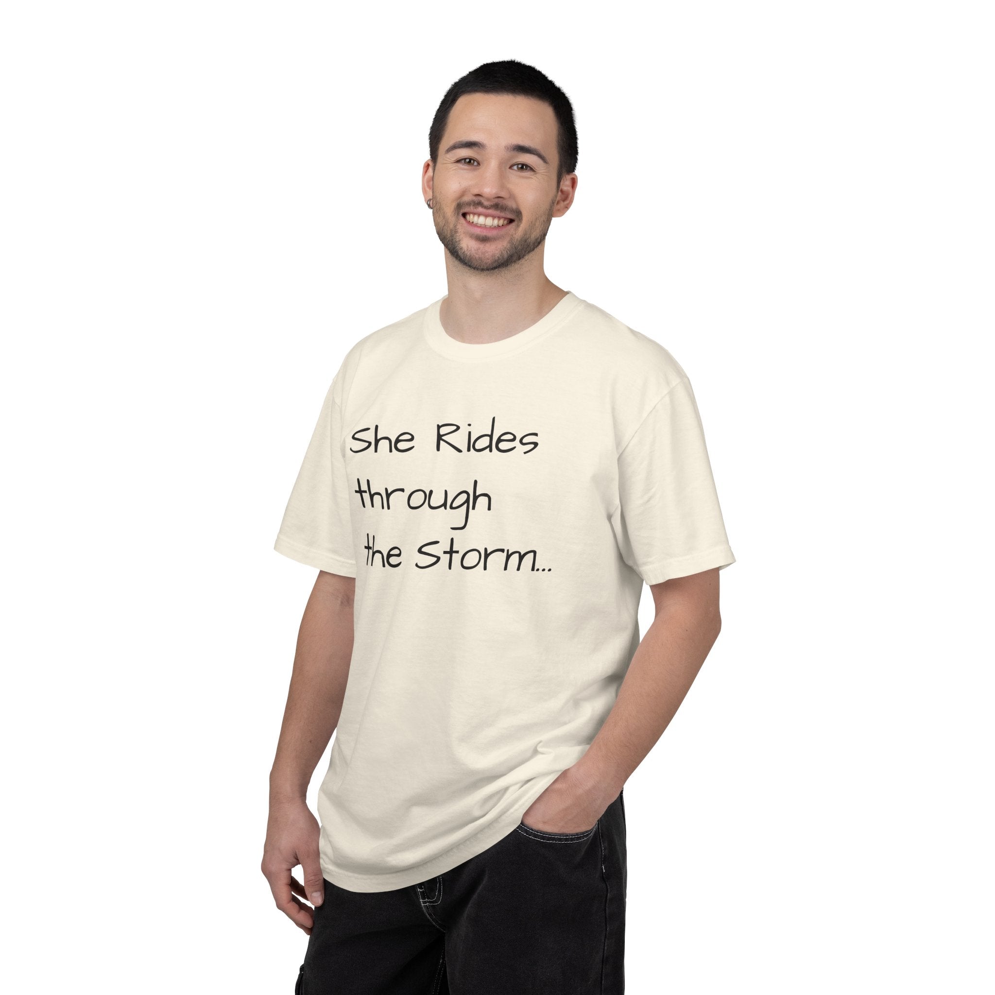 She Rides Through the Storm - walk, trot, canter.. T-Shirt — Psalm 46:5 Horse Tee