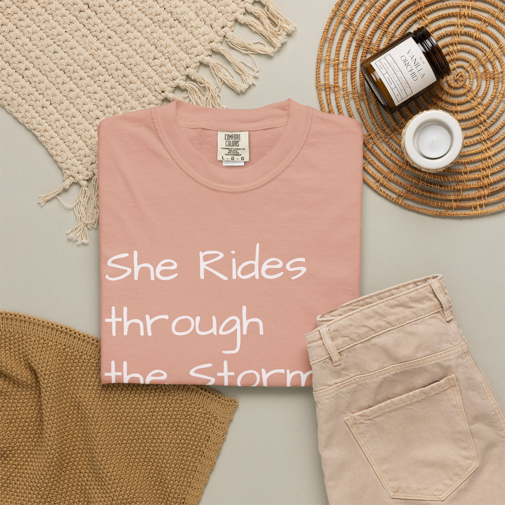 She Rides Through the Storm - walk, trot, canter.. T-Shirt — Psalm 46:5 Horse Tee