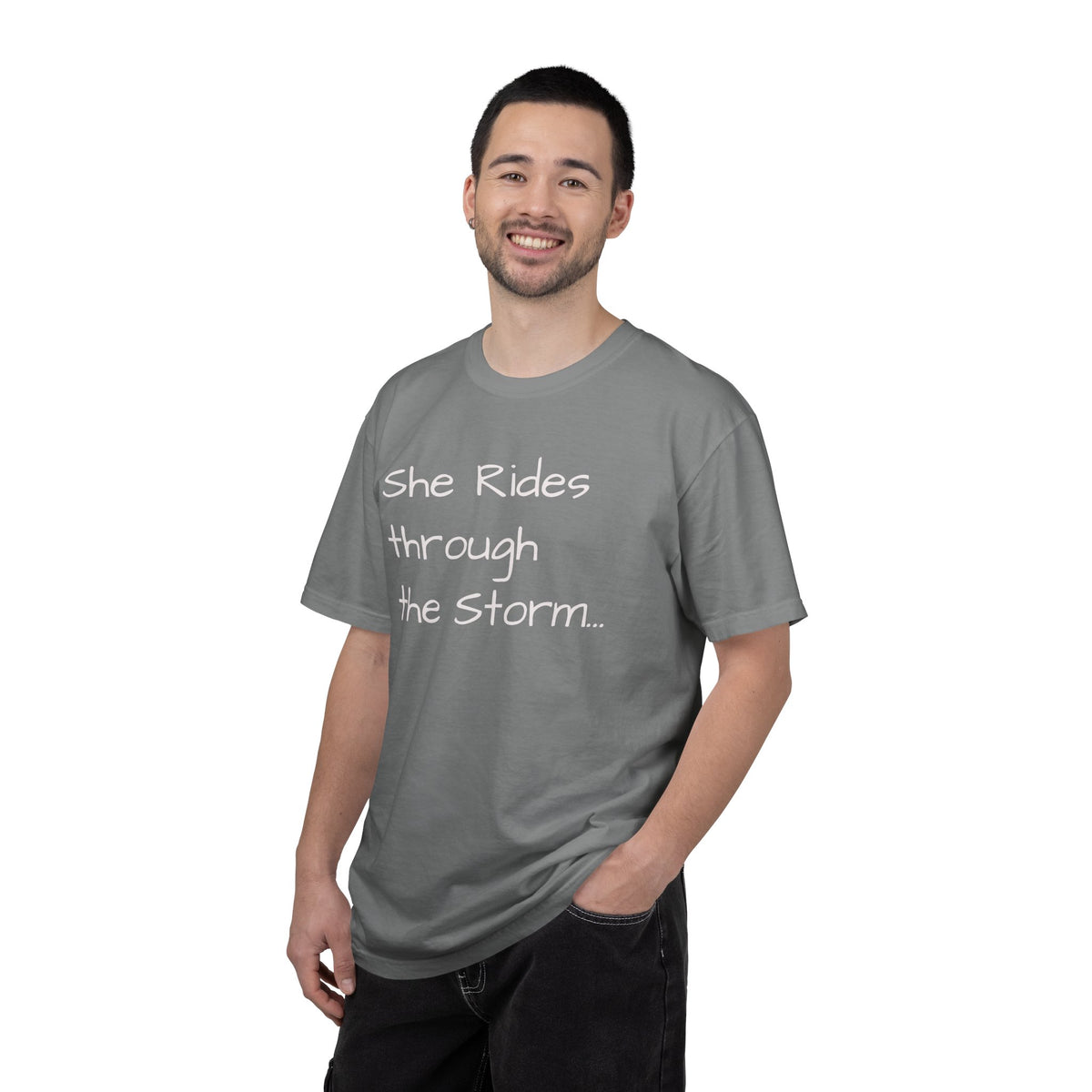 She Rides Through the Storm - walk, trot, canter.. T-Shirt — Psalm 46:5 Horse Tee