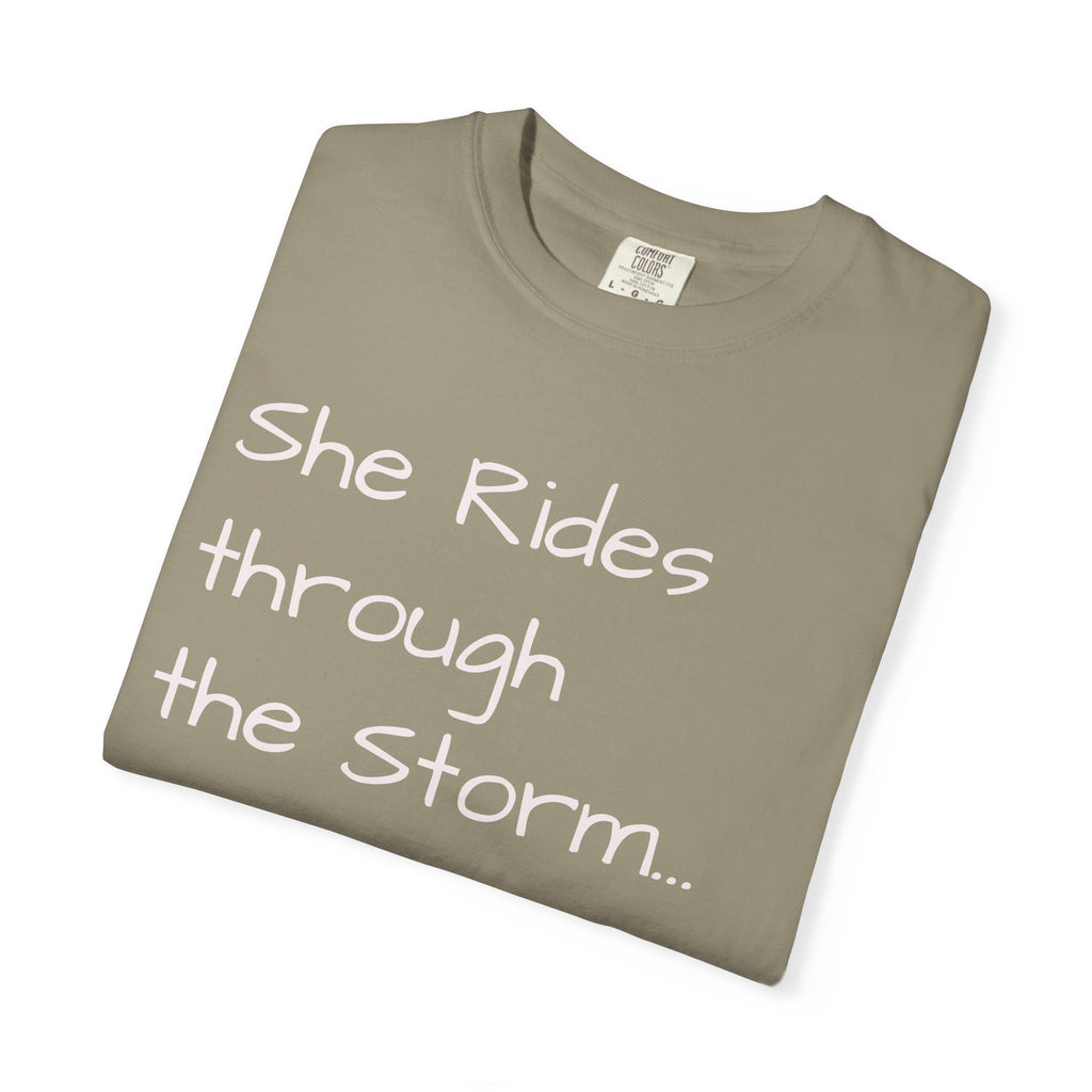 She Rides Through the Storm - walk, trot, canter.. T-Shirt — Psalm 46:5 Horse Tee