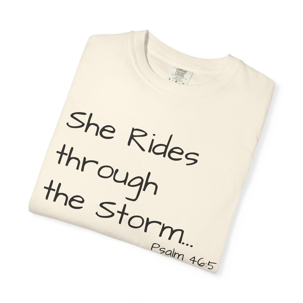 She Rides Through the Storm T-Shirt — Psalm 46:5 Horse Tee