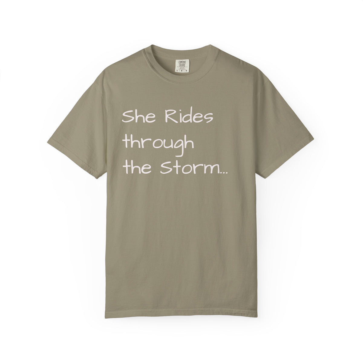 She Rides Through the Storm - walk, trot, canter.. T-Shirt — Psalm 46:5 Horse Tee