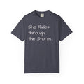 She Rides Through the Storm - walk, trot, canter.. T-Shirt — Psalm 46:5 Horse Tee