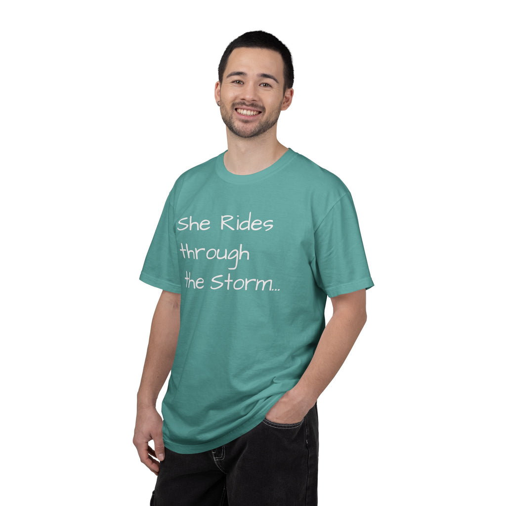 She Rides Through the Storm - walk, trot, canter.. T-Shirt — Psalm 46:5 Horse Tee