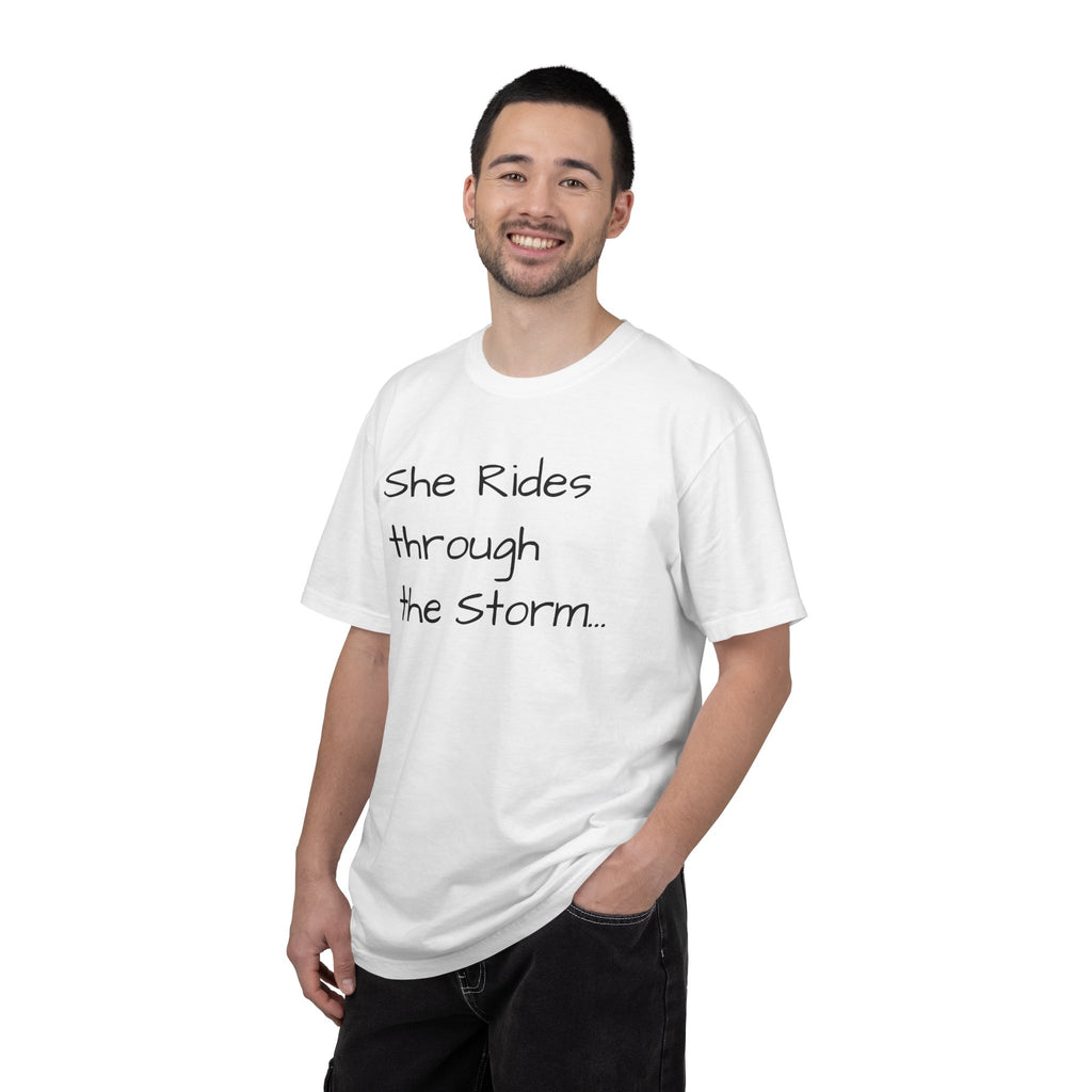She Rides Through the Storm - walk, trot, canter.. T-Shirt — Psalm 46:5 Horse Tee
