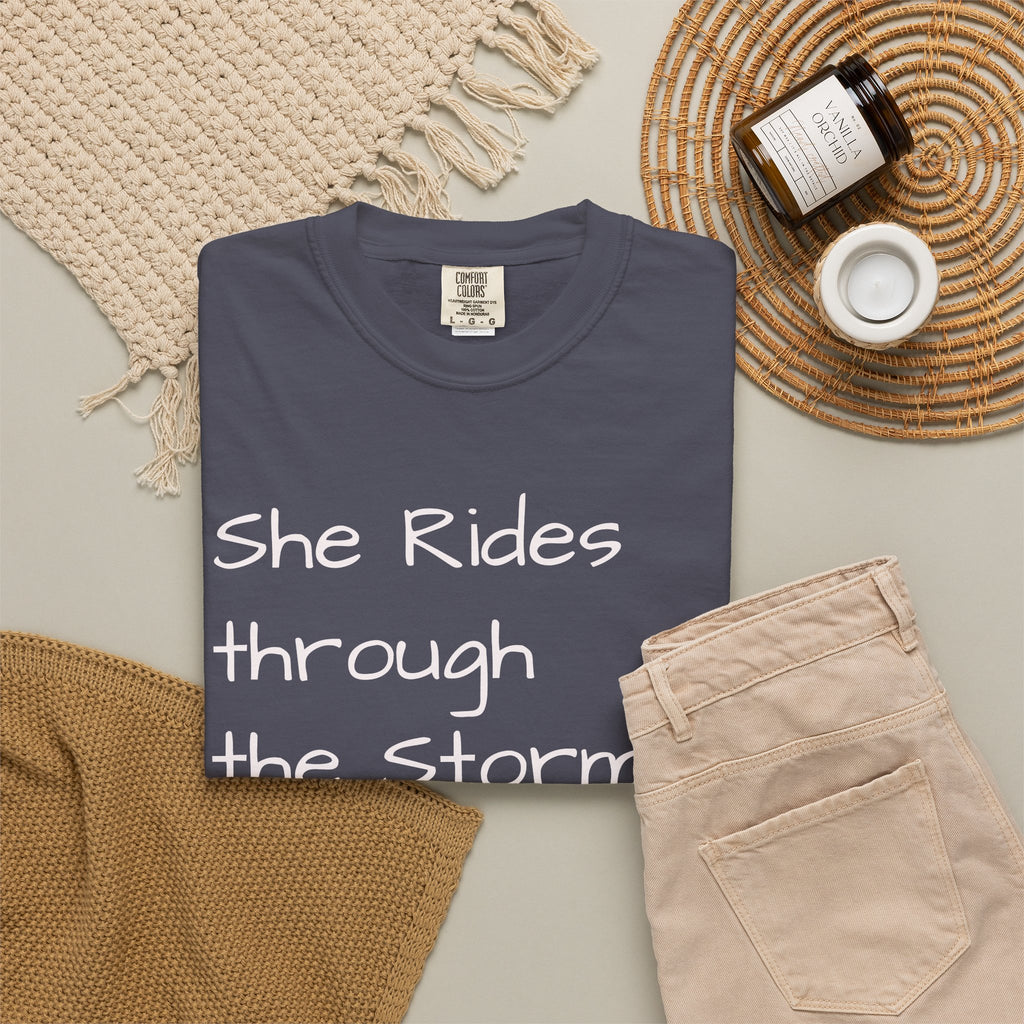 She Rides Through the Storm - walk, trot, canter.. T-Shirt — Psalm 46:5 Horse Tee