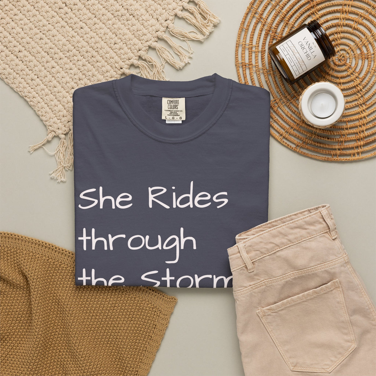 She Rides Through the Storm - walk, trot, canter.. T-Shirt — Psalm 46:5 Horse Tee